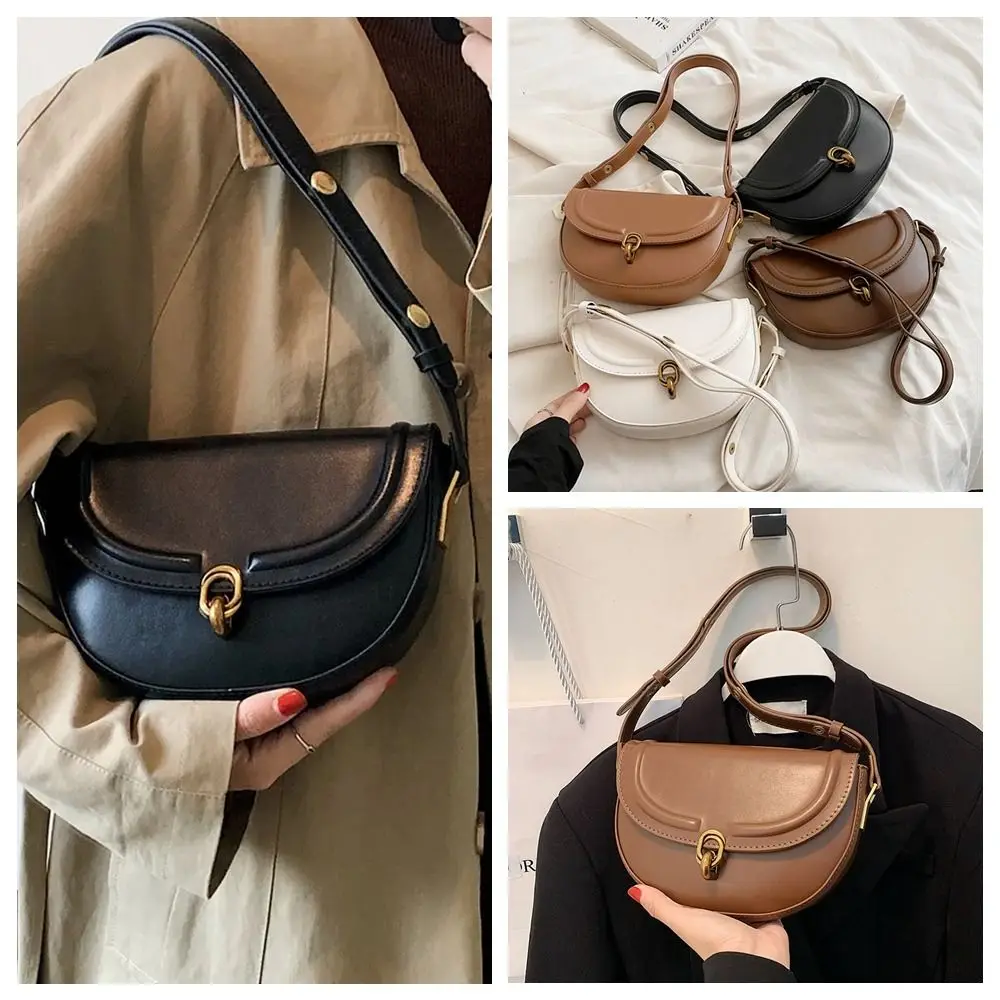 

PU Leather Saddle Bag Simple Fashion Design Underarm Bag Shoulder Bag Purse Korean Style Crossbody Bag Travel