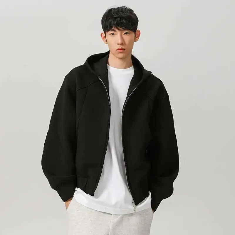 Men's Spring Hoodies Hooded Zipper Structure Solid Color Loose Short Tops Casual Sweatshirts