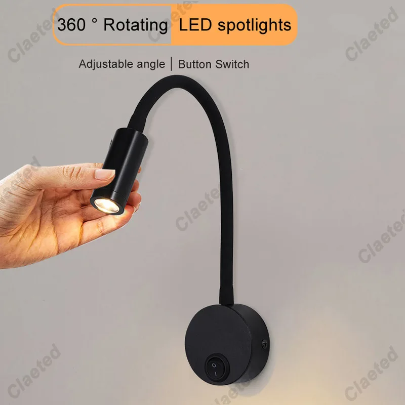 LED 벽 램프 구즈넥 홈 호텔 로프트 침대 옆 독서등, 블랙 실버 유연한 ON/OFF 스위치, 90-260V 스폿 LED 전구, 1W, 3W
