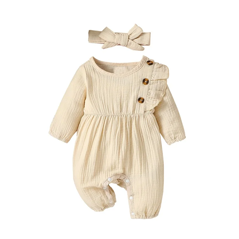 

0-6 M Infant Girl Rompers Solid Color Ruffles Buttons Crew Neck Long Sleeve Jumpsuits Newborn Spring Fall Clothes with Headband