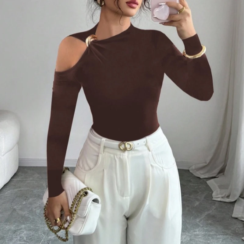 New Fashion Women's Asymmetrical Collar Off-shoulder Long-sleeved Top Retro Metal Decorative Slim-fitting and Thin Blouse