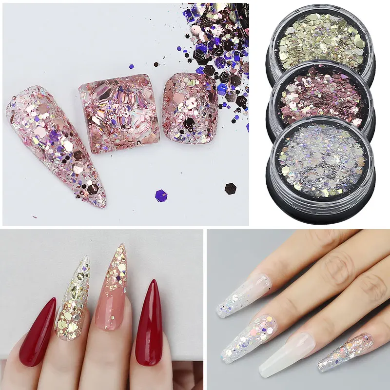Arte Clavo Holographic Nail Glitter Sequins 3D Glitter Powder Mermaid Sequins Flakes Mixed Mermaid Hexagon Spangles For Maincure