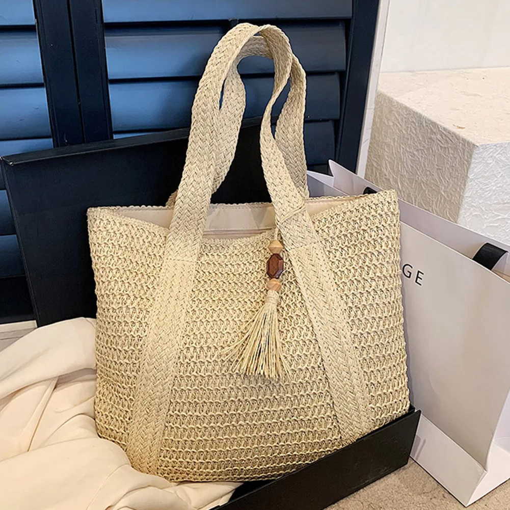 Woven Handbag Summer Tote with Tassel Pendant for Women