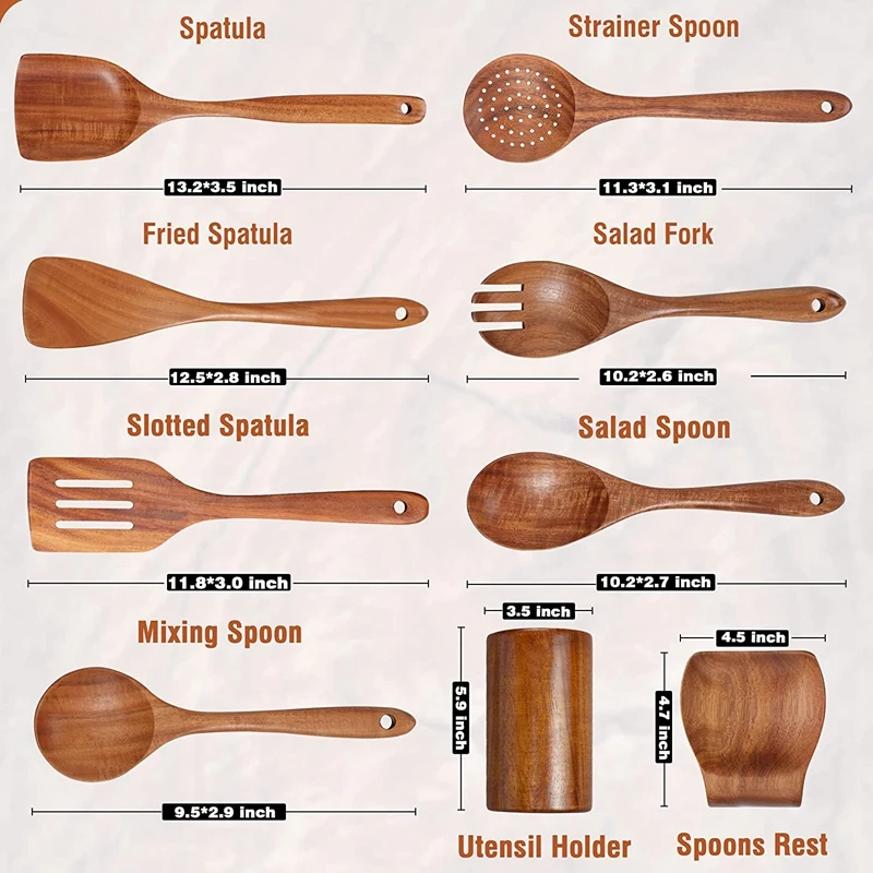 Juego de utensilios de cocina de madera, cucharas de madera de 6 piezas de  GUDAMAYE para cocinar, utensilios de cocina de madera, cucharas de madera  de teca Natural para sartén antiadherente 