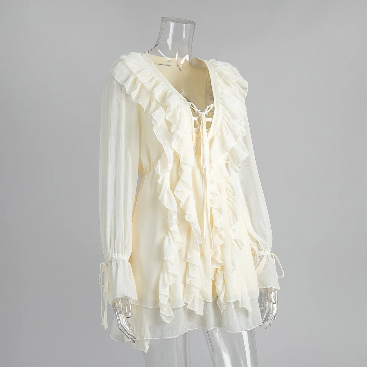 Elegant Chiffon Dress - Womens Spring Deep V Neck Lantern Sleeve Ruffle Tie Waist Skirt