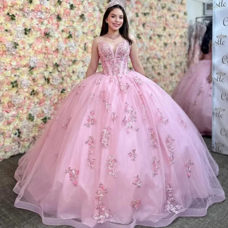 

2024 Pink Quinceanera Dresses With Shiny Beading Crystal Court Train Formal Ball Gowns Girls Birthday Party Gowns