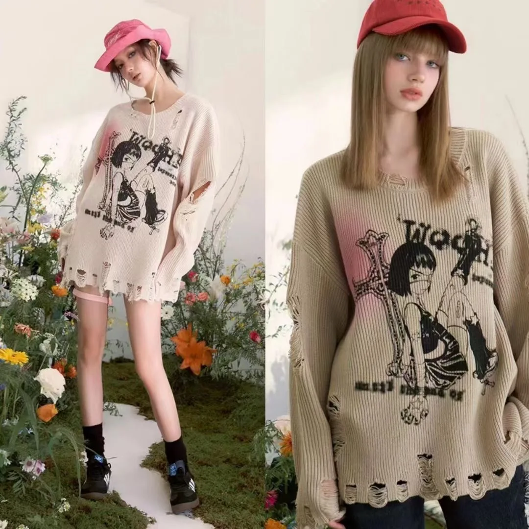 

2023 Spring Autumn New Distressed Aesthetic Knitwear Tops Elegant Lazy Style Pullover Clothes Fashion Casual Women Sweater X084