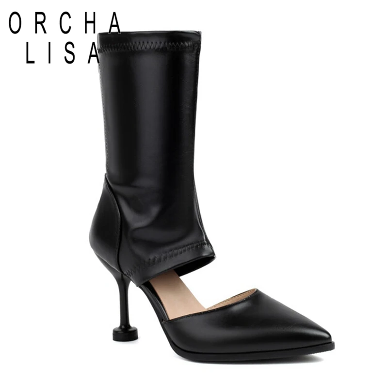

ORCHA LISA 2024 New Sexy Pointed Toe Women Summer Sock Midcalf Boots Zip 9cm Stiletto Heel Big Size 44 45 46 Black Brown Green