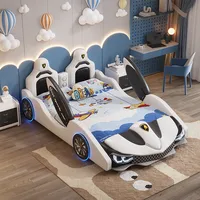 Lit double moderne pour enfants de 1,5 m, lit enfant garçon en forme de voiture de sport, cadre en bois massif créatif avec revêtement en cuir, lit simple pour bébé 1