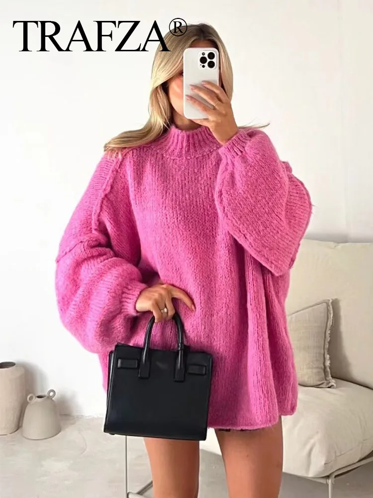 

TRAFZA Autumn Loose Sweaters Woman 2023 Trendy Solid Color O-Neck Long Sleeves Pullovers Female New Fashion Casual Knitting Tops