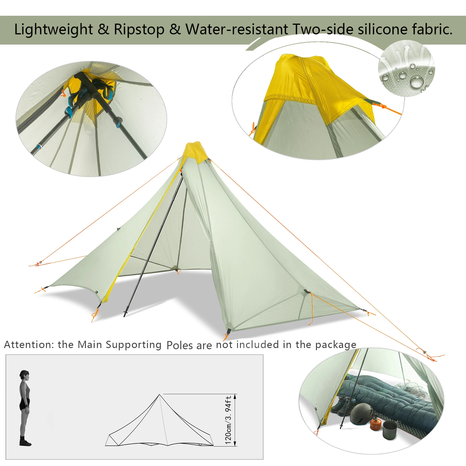 Ultralight 410g Outdoor Camping Tent 20D Nylon Two-side Silicone Coated Rodless Pyramid Flysheet 4-Season 2 Window Tent 1 Person