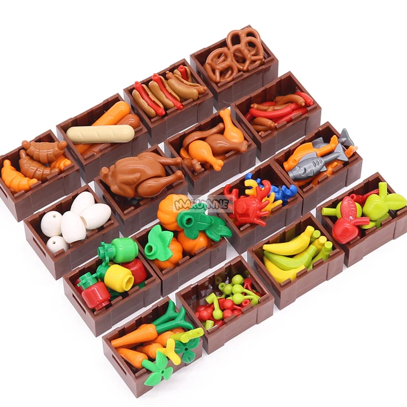 Marumine Mini Food Table Block Parts MOC Model Roasted Chicken Hot Dog Banana Cherry Fruit Vegetables Classic Ingredients Toys 5