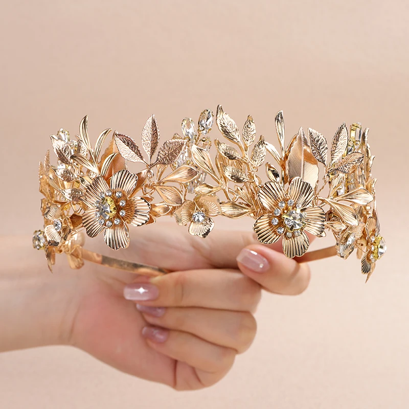 Luxury Flower and Leaf Bridal Rhinestone Headband Crown Gold Black Diamonds for Women Tiara Handmade Wedding Hair Accessories