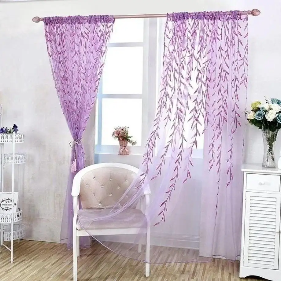 1 Pcs Cute Willow Leaf Curtains Pastoral Style Willow Floral Window Decorative Curtains For Bedroom Living Room Window Curtain