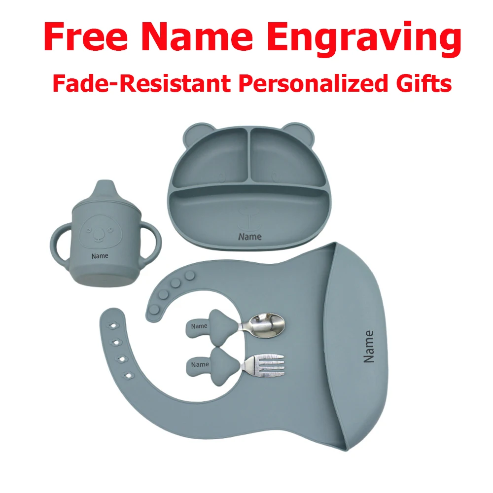 5-Piece Silicone Tableware Set with Free Name Engraving Creative Gifts Customized for Boys and Girls