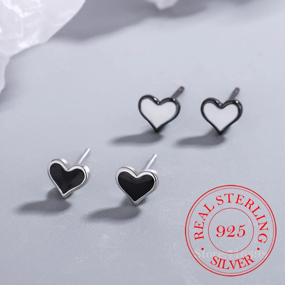 

925 Sterling Silver Love Heart Stud Earring Simple Female White/black Heart Earrings for Women Wedding Party Jewelry Gift Jlfda