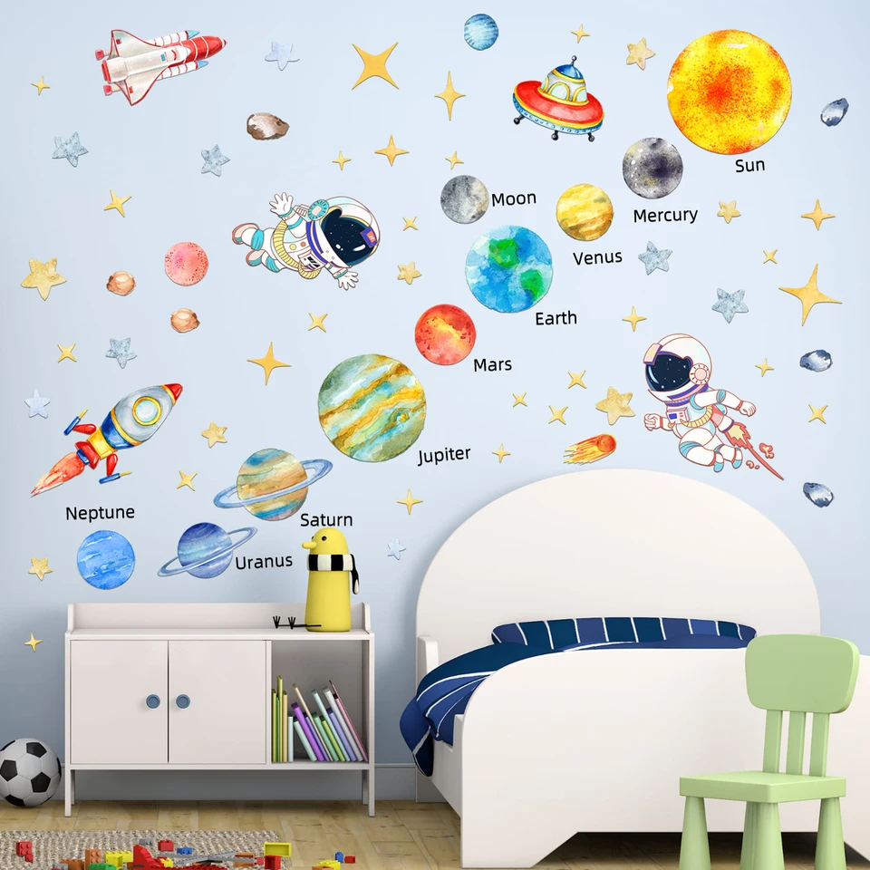 Space Wall Decals For Kids Room - Removable Starry Sky Planet Astronaut Sticker Set For Bedroom Decor