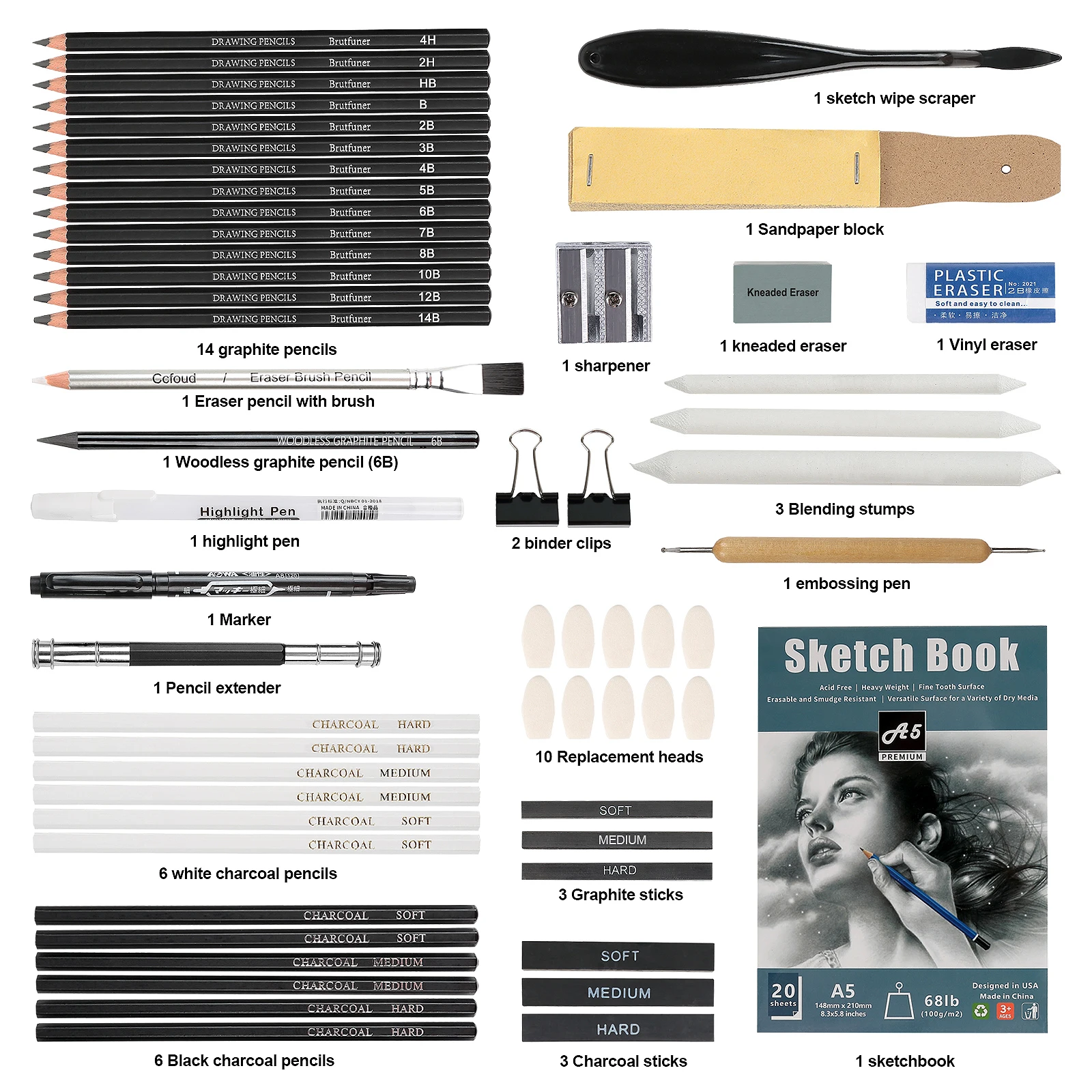 60 Pcs Drawing Kit Sketching Pencil Set Sketch Pencils Art Supplies with 3-Color Sketchbook Graphite Charcoal Drawing Pencils sketching pencil set sketch drawing art set