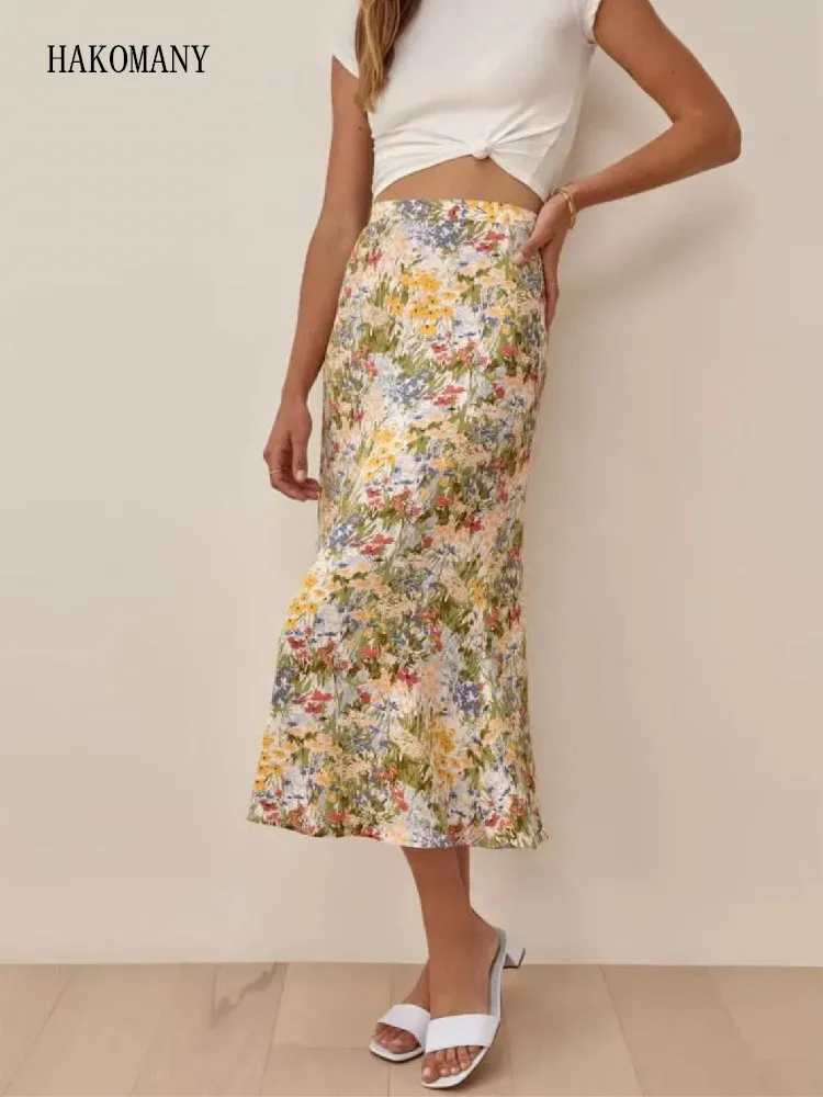 

2023 French Style Women Green Vintage Leaves Floral Print Midi Skirt CHIC Back zipper A line Skirts Skater