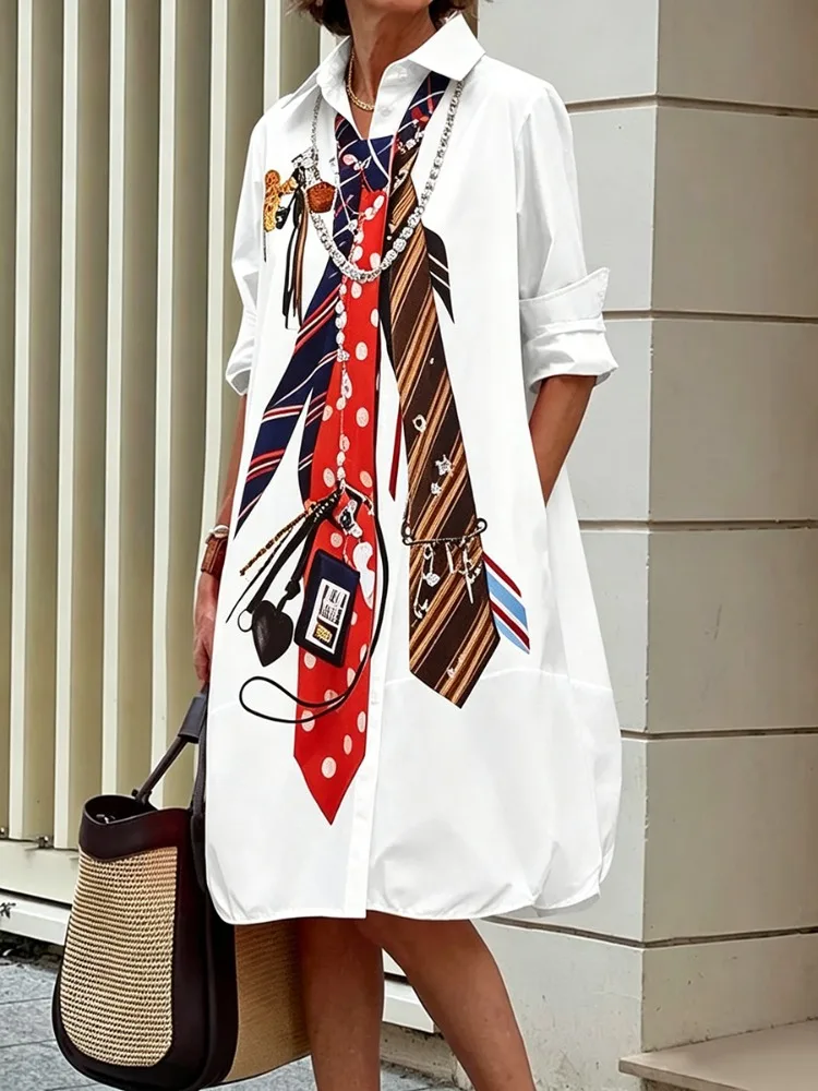 Yeezzi Damenmode: Neues 2026er Hemdkleid mit Krawattenmuster, Reverskragen, langen Ärmeln, lockerer Passform, Knopfleiste und Taschen – Lässiges Büro-Midikleid