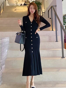 New Fashion Lady Knitted Stretchy Black Fishtail Long Dress Women Clothes Sweater Casual V-Neck Skinny Robe Femme Mujer Vestidos