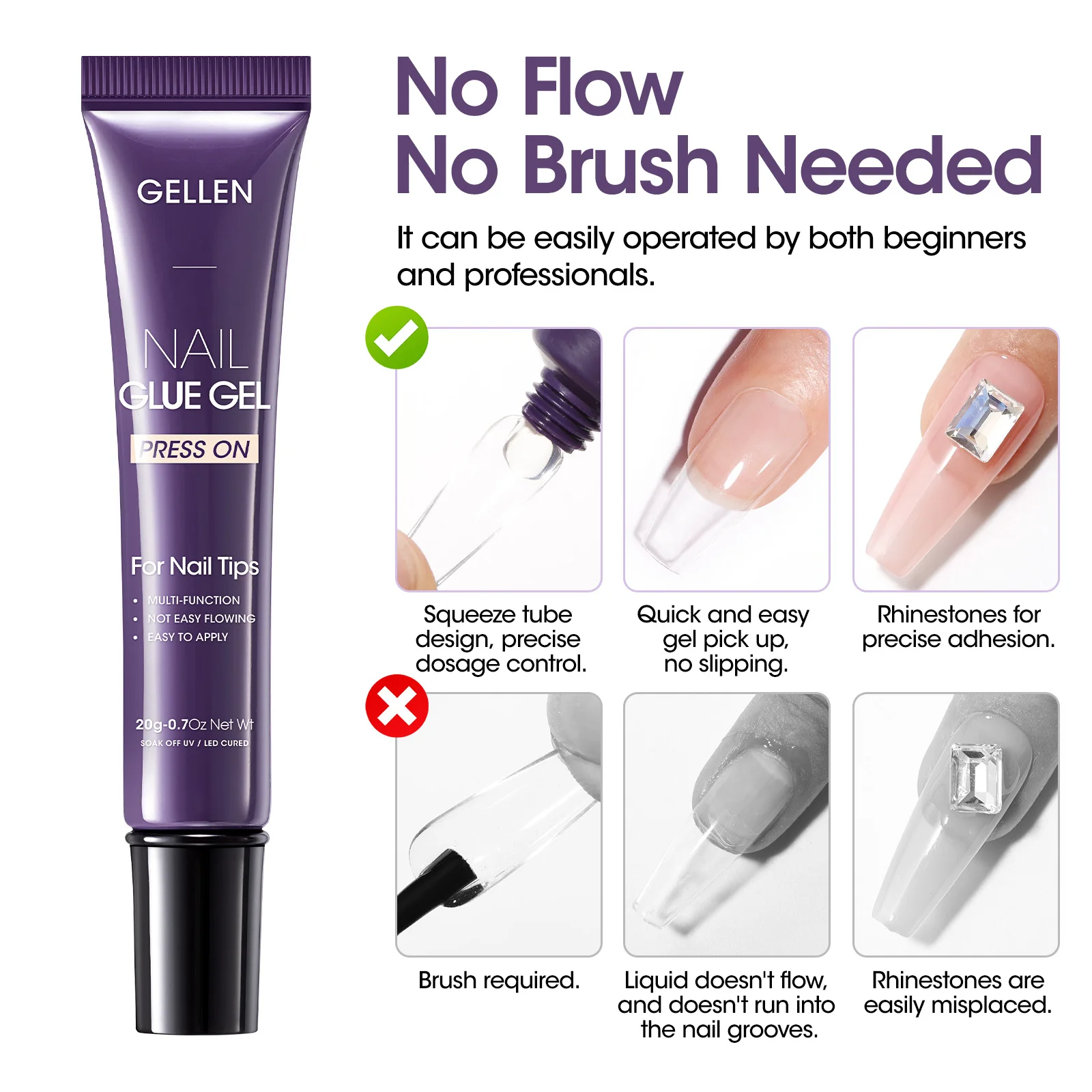 GELLEN Semi-Solid Nail Glue Gel - Super Strong Adhesive for False Nails & Rhinestones, Quick-Dry Formula for Professional Nail Art
