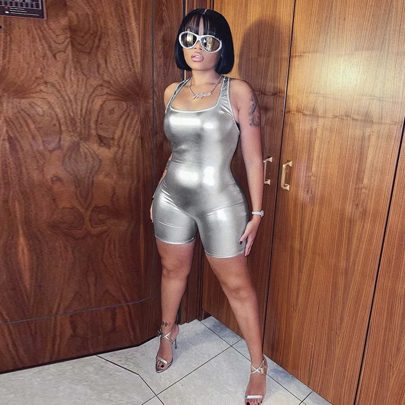 

Fashion Metallic Color Playsuit Women Summer 2023 Sexy Backless Skinny Club Party Shorts Jumpsuit Streetwear Y2K One-piece