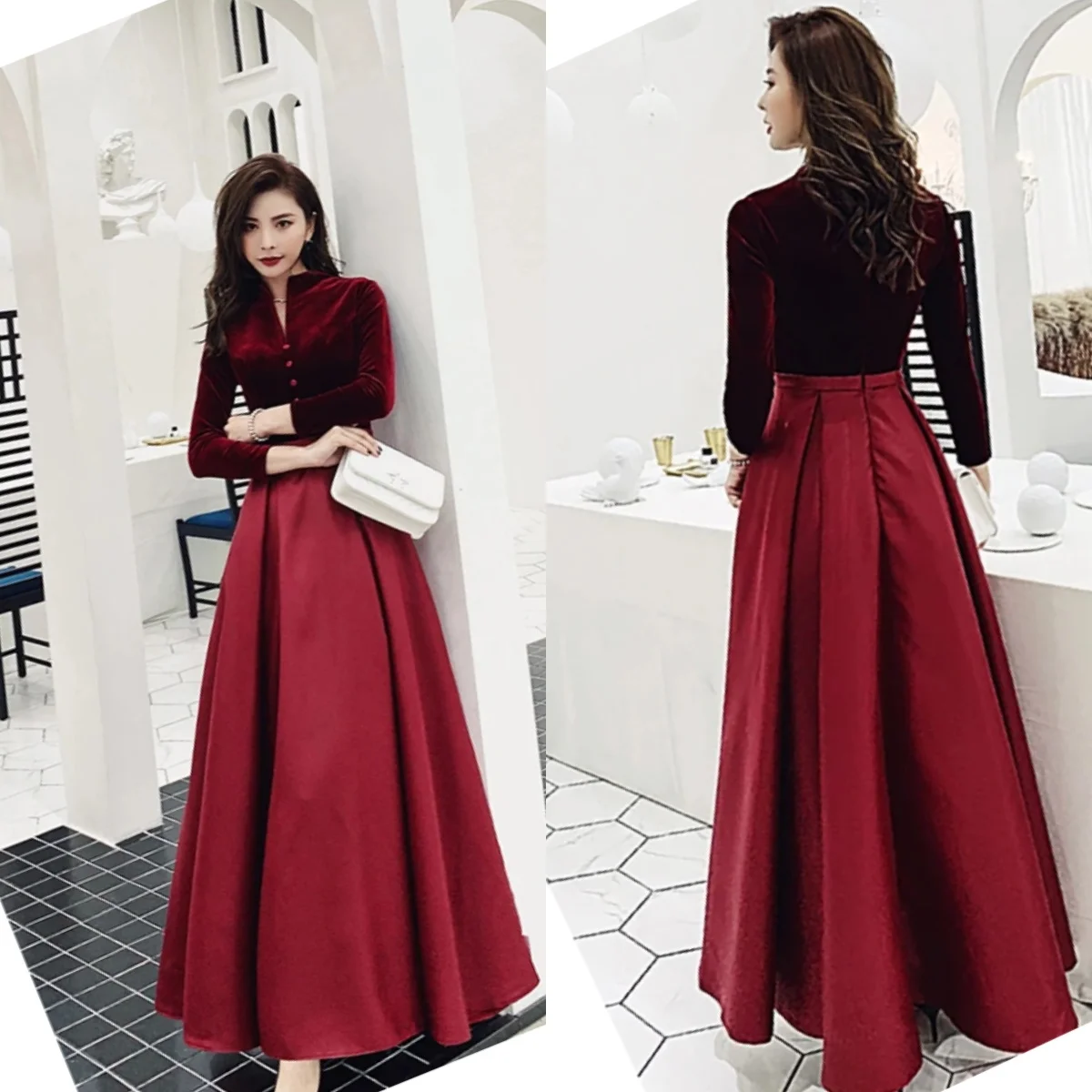 

Evening Dress Burgundy Velvet Satin Button V-neck Full Sleeves Zipper A-line Floor-length Plus size Women Formal Party Gown A031