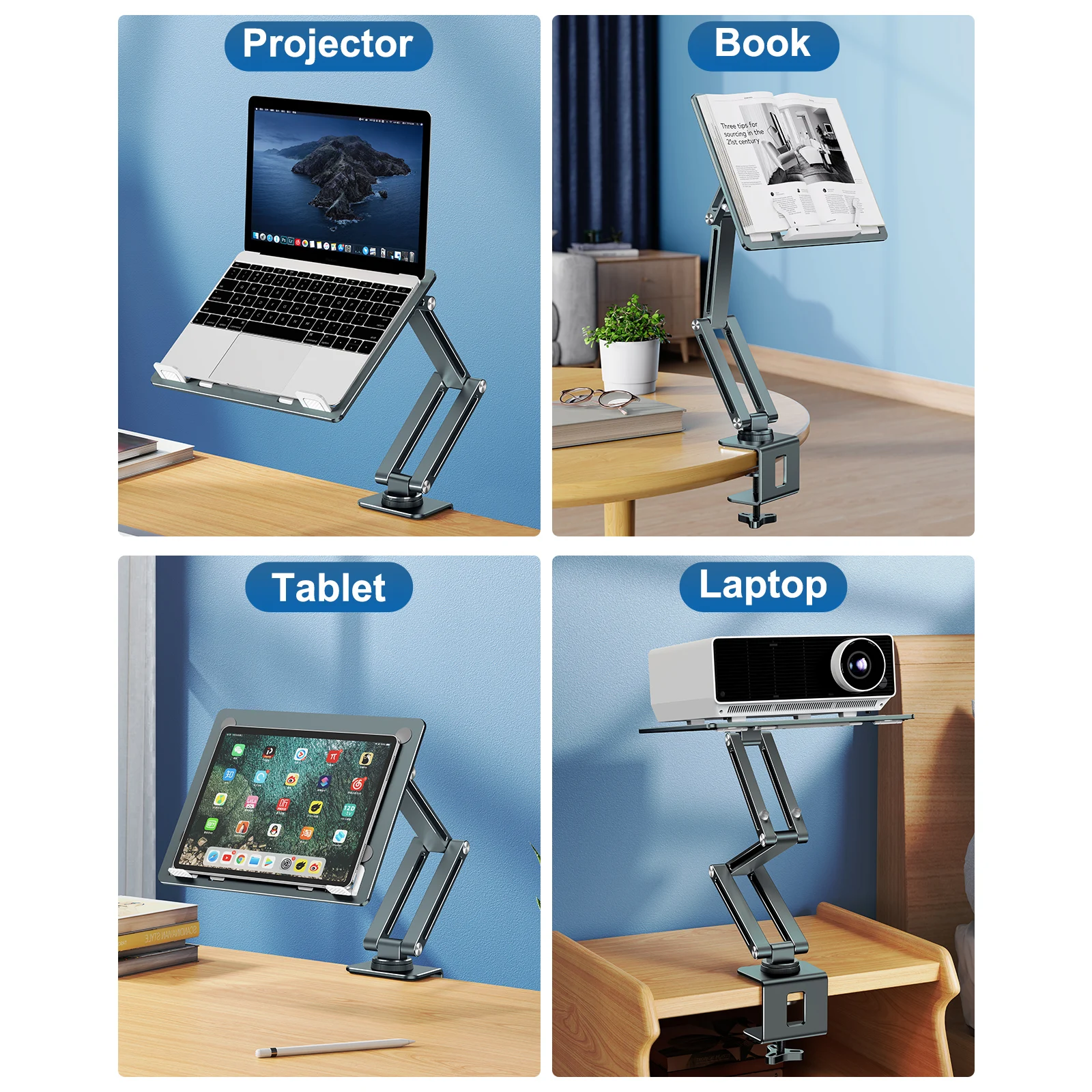 Eary Aluminum Clip Laptop Stand Mount For Desk With 360 Rotatable Long Arm Foldable Adjustable Compatible For Tablet Ipad Books