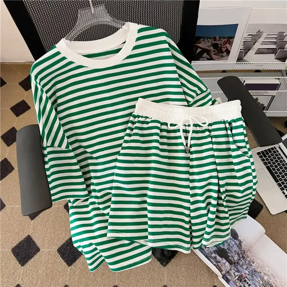 2024 Striped Shorts and Top Sets Short Sleeves Tee Top Short Pants Suit  Summer 2 Piece Outfits T-shirt Blouses Wide Leg Shorts