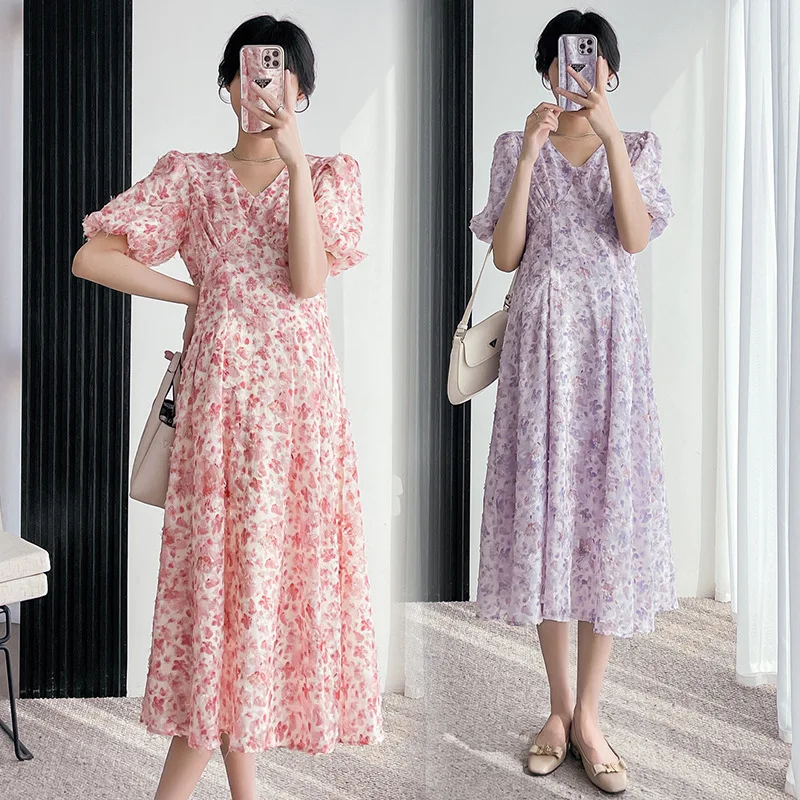 

Maternity Long Dress Summer V-neck Floral Pregnant Women Clothes Korean Fashion Bubble Sleeve Splicing Slim Pregnancy Dresses