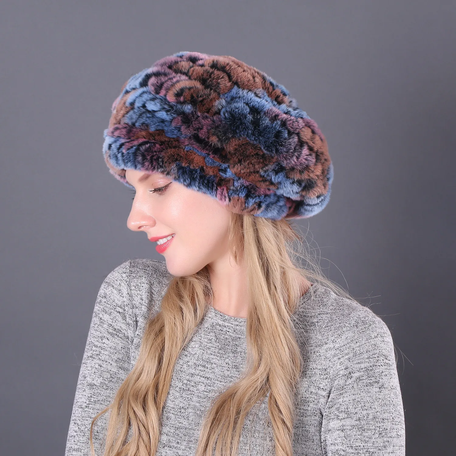 

Berets caps for women winter rabbit fur hat causal warm knitted caps for girls female fashion outdoor large ladies volume hats