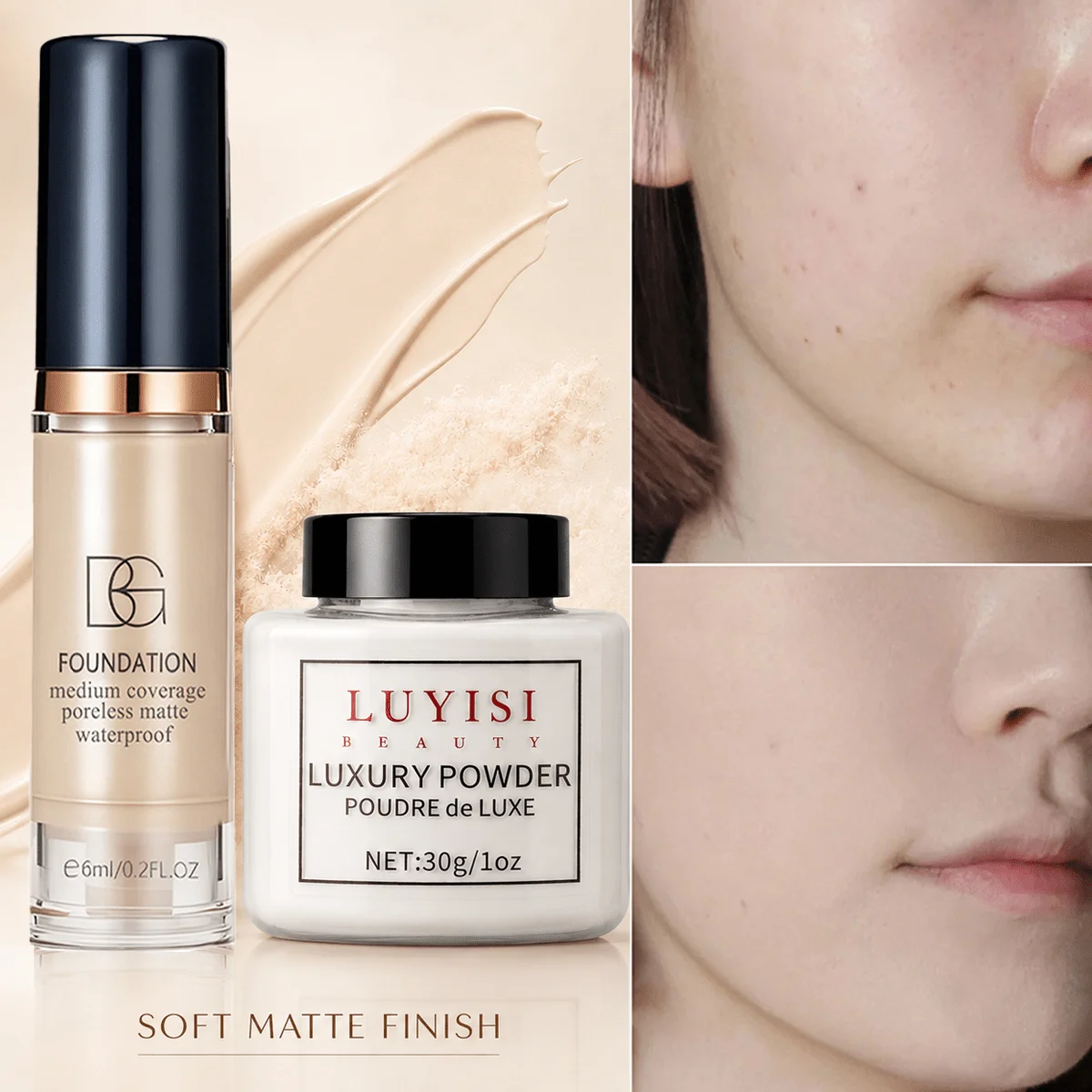 Facial Makeup Set:1pc Matte Loose Powder+1pc Waterproof Fundation,High-Coverage,Long-Lasting,Oil Control,Creat Natural Looks. - 3