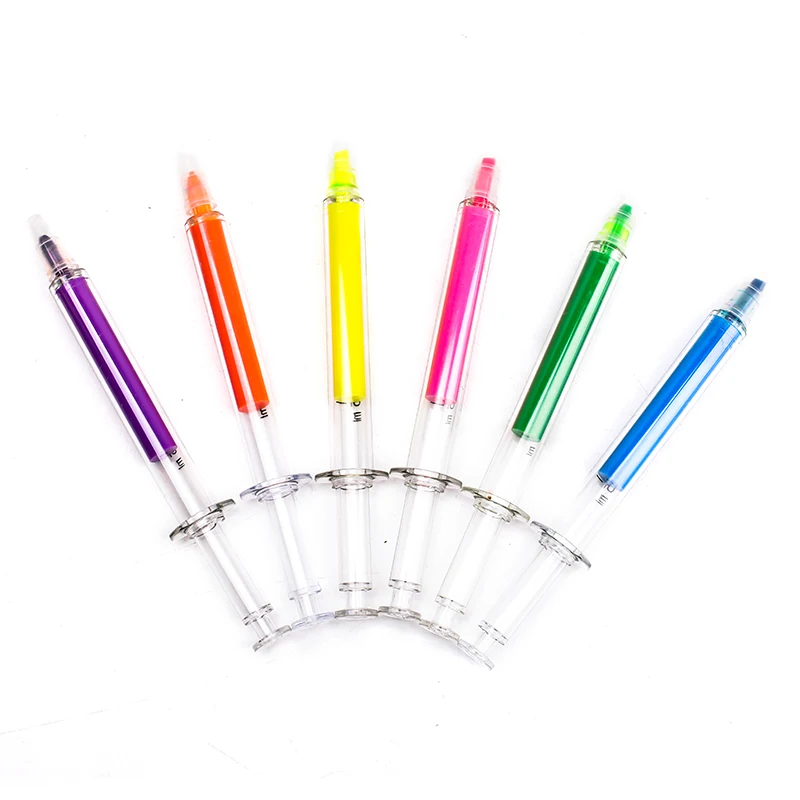 Highlighter Pen 6Pc Kawaii Syringe Highlighter Pen Syringe Needle Shape Mechanical Color pen Ballpoint for Office School Marker Writing Tool