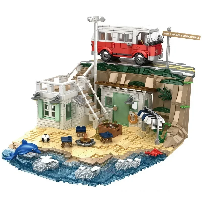 

Sandy Shore Modular Buildings MOC 66031 Seaside MV Model 1288PCS Building Blocks Brick Toys for Chridren Birthday Gift