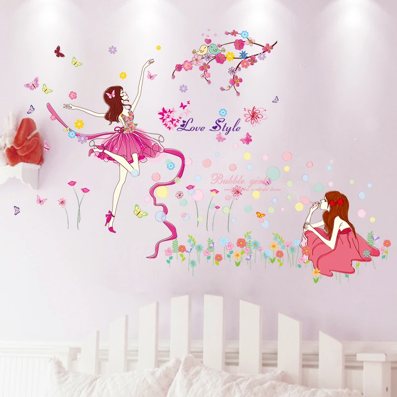 

[shijuekongjian] Ballet Dancer Girl Wall Stickers DIY Flowers Bubbles Mural Decal for Kids Room Baby Bedroom House Decoration