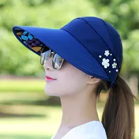 Rimiut Elegant Large Brim Flower Printed Sun Hat for Women Travel Beach Casual Summer Hats Show Ponytail Outside Sports Caps 1