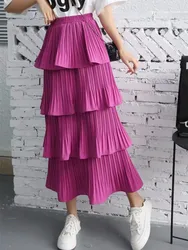 2024 New Spring Summer Women High Waist Slim Long Skirt Korean Sweet Solid Color Multi-layer Pleated Hem Cake Skirt 7 Colors