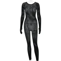 Sexy See-through Seamless Striped Jacquard Long Sleeve One-piece Jumpsuit Women All Black Spicy Hot Girl Style Nightclub Romper - Image 6