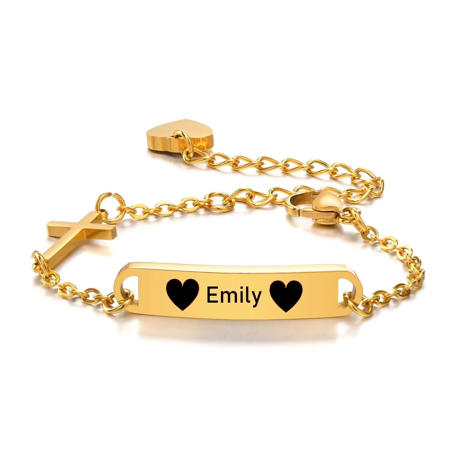 Personalized Stainless Steel ID Cross Bracelet for Girl Boy Gold