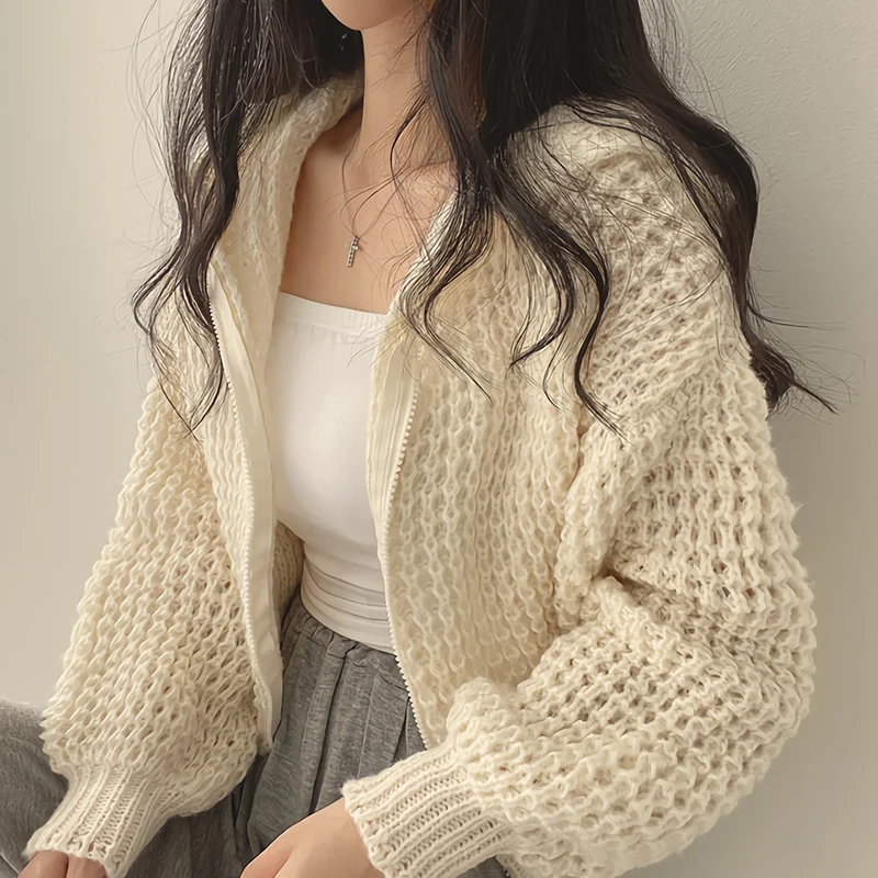 Autumn and winter lazy wind hooded short sweater cardigan zipper jacket women's design thick needle lapel loose knitted sweater