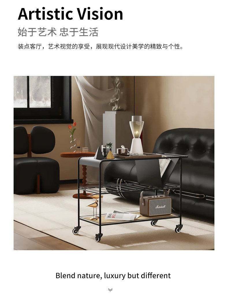 Modern Minimalist Small Cart Tea Table Luxury Rattan Bedside Table Center Movable Rock Slab Living Room Designer Furniture 커피테이블