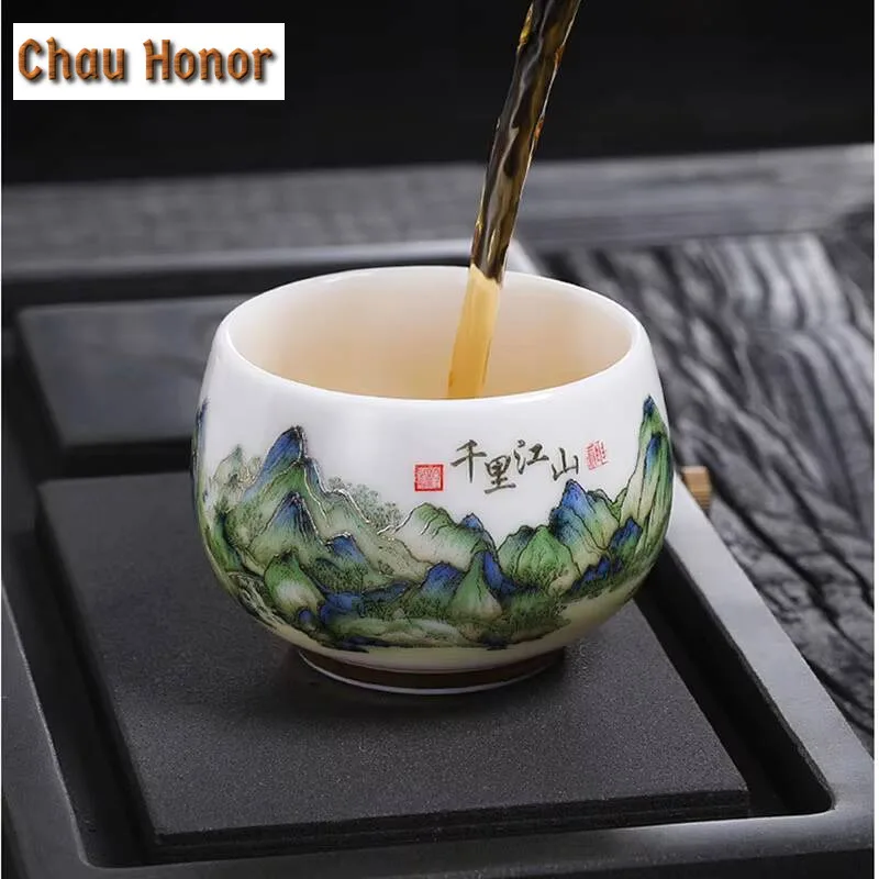 Boutique Mutton Fat Jade Painting White Porcelain Teacup Handmade Household Kungfu Teaset Tea Ceremony Accessories Birthday Gift