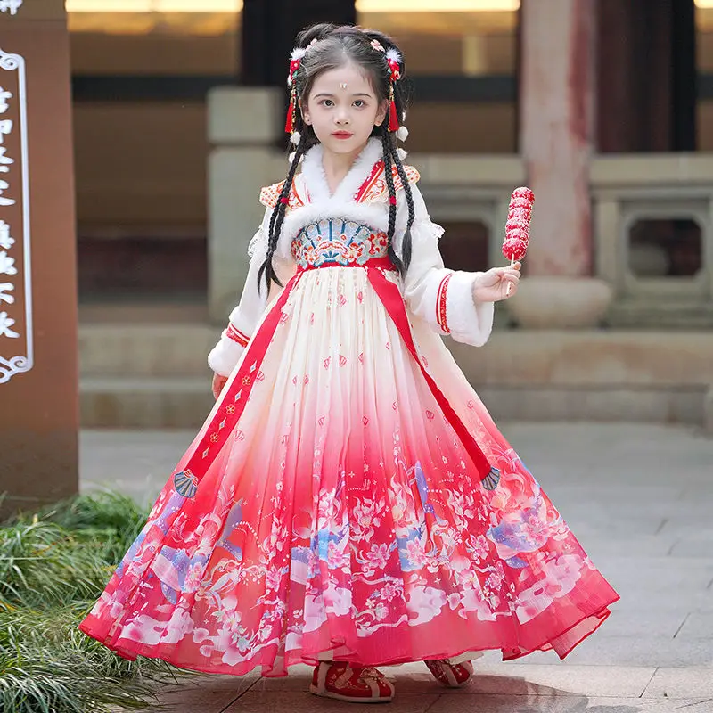 

Girls Winter Hanfu Traditional Chinese New Year Outfit Tang Suit for Kids with Bunny Design Winter Collection