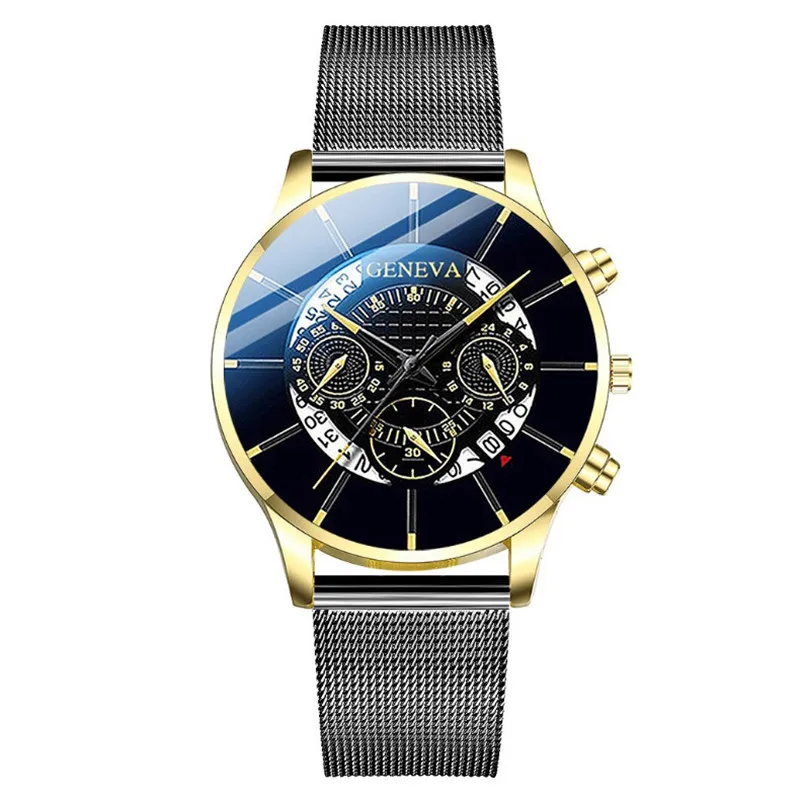 Luxury Men's Fashion Business Calendar Watches Blue Stainless Steel Mesh Belt Analog Quartz Watch relogio masculino mens watch