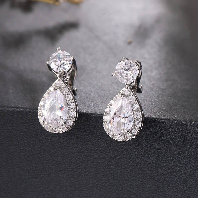 Geometric Drop Colorful Zircon Clip on Earring for Women Without Piercing Ear Clip for Women Luxury Wedding Jewelry