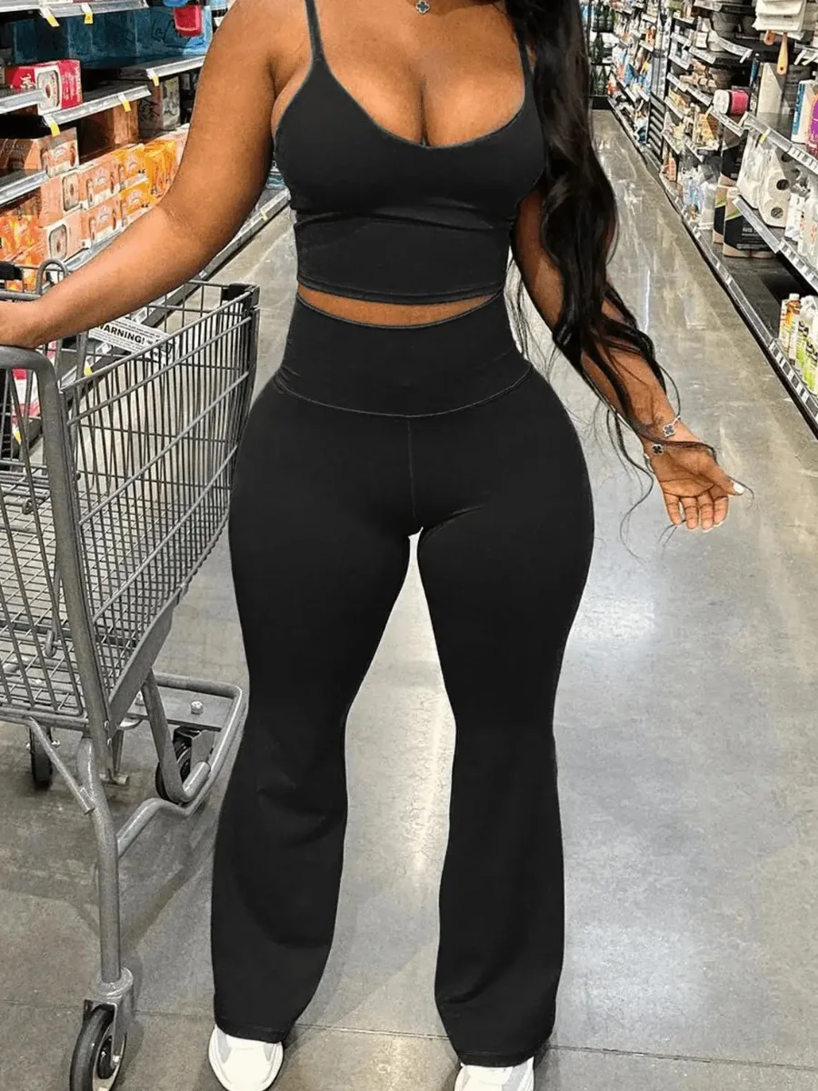 

LW Camisole Two pieces set High Waist Flared Pants Set Y2K Streetwear Sexy Fashion Top and High Waist Flare Pants 2 Piece Set