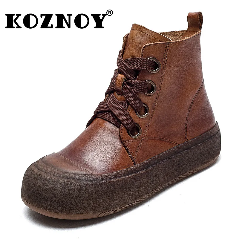 

Koznoy 4cm British Genuine Leather Ankle Booties Spring Autumn Winter Plush High Boots Moccasins Women Platform Wedge ZIP Shoes