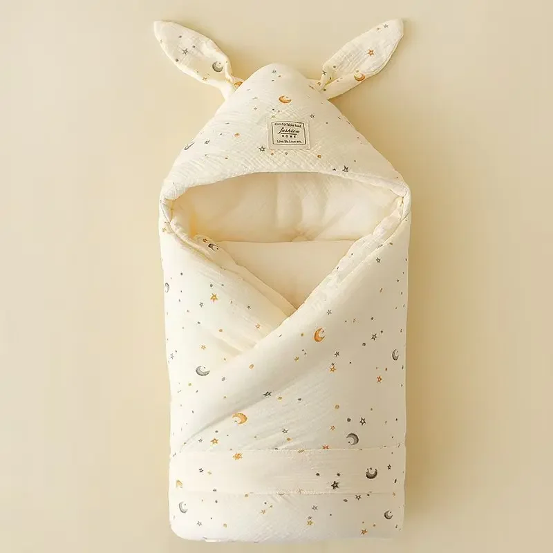Crinkle Cotton Newborn Swaddle Blanket with Bunny Ears Quilted Hospital Delivery Wrap Extra Soft Thermal Baby Swaddling