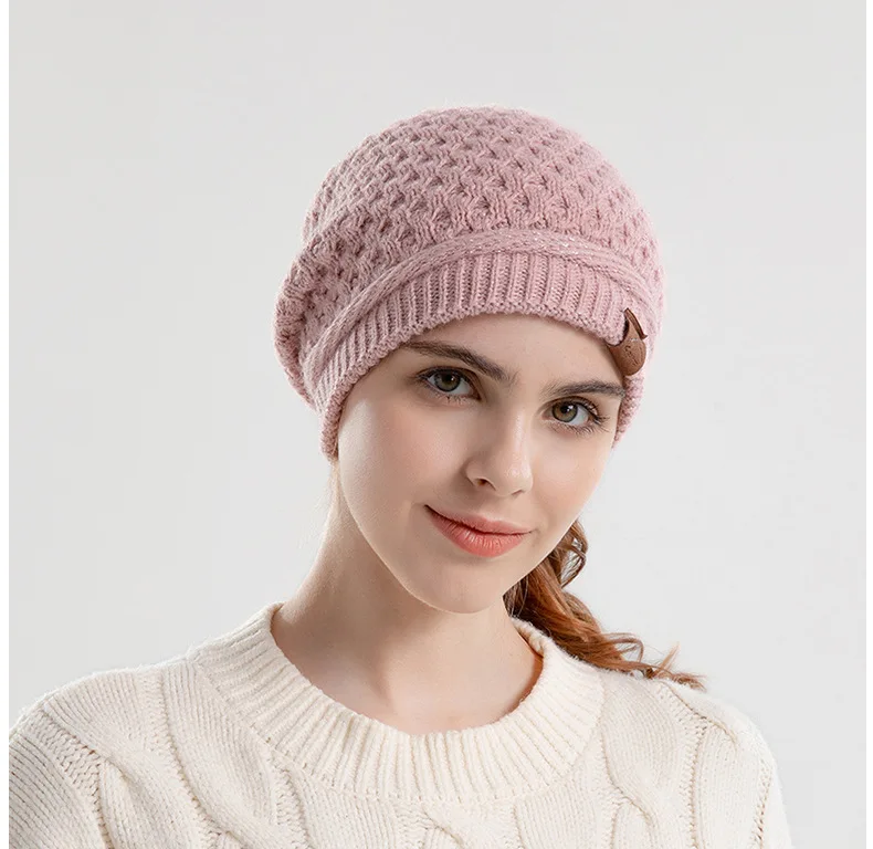 Cappello lavorato a maglia allentato e caldo con coda di cavallo da donna nuova con berretto in tinta unita con foro, protezione per le orecchie comoda per la casa all'aperto_voghion.com